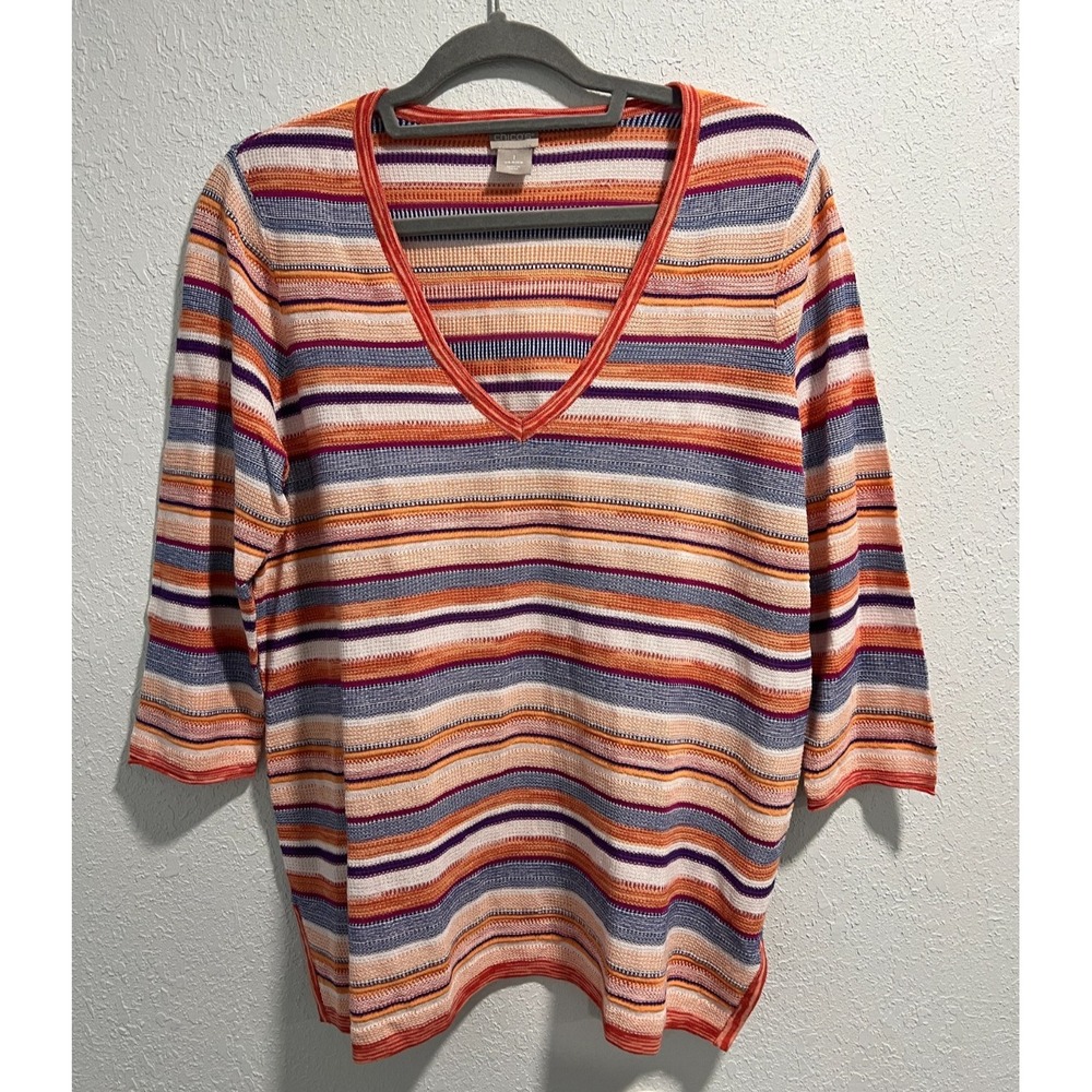 Chico's Womens Sweater Orange‎ Multicolor Cotton Linen Blend Lightweight Sz 1